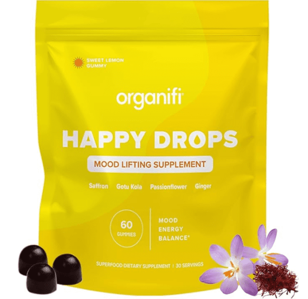 Organifi Happy Drops – 60-count daily superfood gummies for adults, designed for mood support and stress relief.