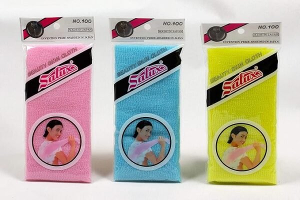 Set of 3 SALUX Nylon Japanese Skin Bath Wash Cloth Towels in Pink, Yellow, and Blue. Textured exfoliating fabric for soft, radiant skin.