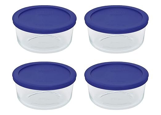 Pyrex Storage 4 Cup Round Dish clear glass blue lid 4 pack